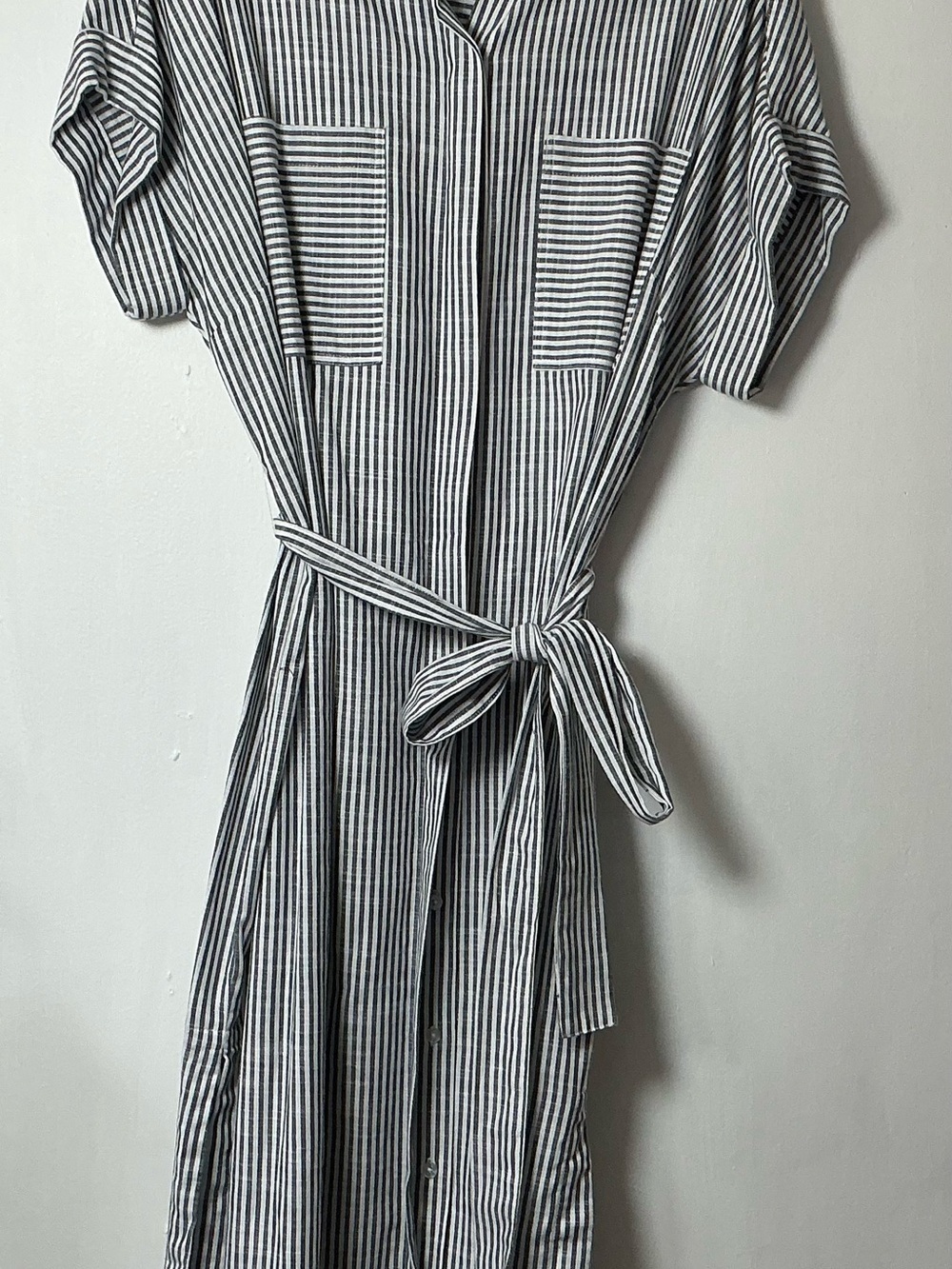 Ophelia Roe Striped Shirt Dress XL 100% Cotton Black White Midi Belted Pockets - Picture 3 of 11